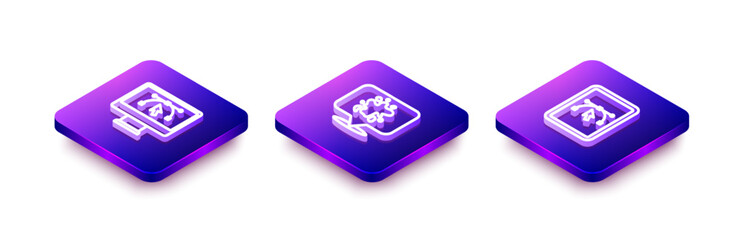 Set Isometric line Computer with design program, Paint spray and icon. Vector
