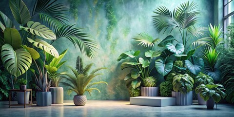 Aufkleber - Lush Tropical Foliage Arrangement Against a Textured Teal Wall, Featuring a Variety of Plants in Elegant Planters, with a Minimalist Display Platform
