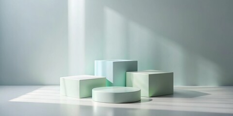 Leinwandbilder - Pastel Green Cubic and Cylindrical Display Platforms in Sunlit Room