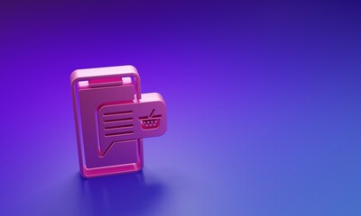 Wall Mural - pink mobile phone and shopping basket icon isolated on purple-blue background. online buying symbol.