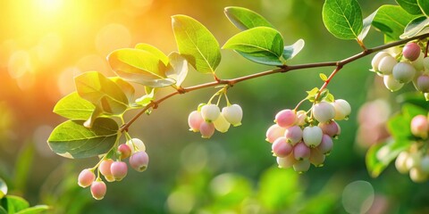 Aufkleber - Sunlight Illuminates Delicate Branch with Clusters of Pink and White Berries in Lush Foliage