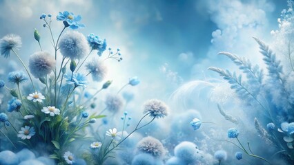 Poster - Enchanted Meadow of Serene Blue Flowers and Fluffy Seed Heads in a Dreamlike Atmosphere