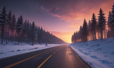 Wall Mural - asphalt road winds through snowy forest, leading to colorful sunrise and starry night , travel, star