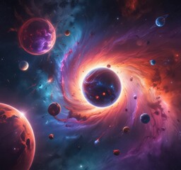 Wall Mural - abstract swirling nebulae, stars & planets in vibrant hues , night sky, dark, fantasy