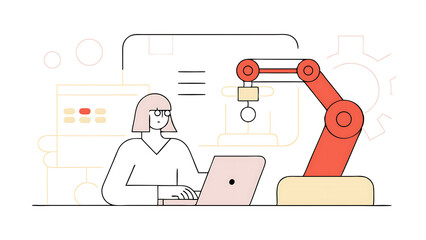beautiful biotechnology engineer using laptop computer analyzing robotic machine concept in a high t