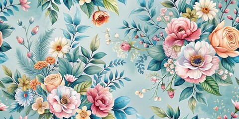Poster - A Seamless Pattern of Exquisite Watercolor Botanicals Featuring Roses, Daisies, and Lush Greenery on a Soft Blue Background