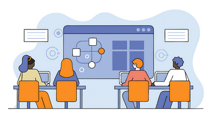 female and male industrial engineers using laptop computer having a conversation at a modern tech el