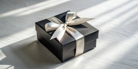 Poster - Elegant black gift box with a creamy satin ribbon, bathed in sunlight on a textured surface