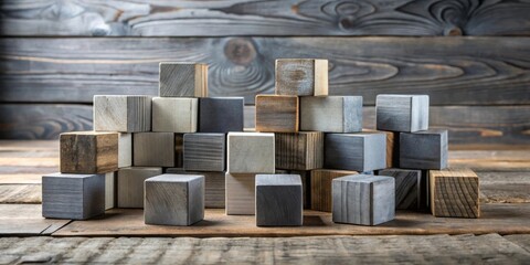 Aufkleber - A collection of rustic wooden blocks arranged in a visually appealing, asymmetrical stack against a backdrop of weathered wood planks.