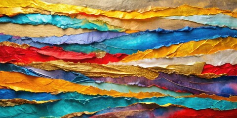 Leinwandbilder - Abstract Layered Hues A Vivid Tapestry of Textured Paper Strips in Vibrant Colors and Golden Accents