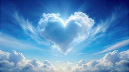 Poster - Heart-shaped cloud formation in a vibrant blue sky, surrounded by fluffy cumulus clouds and wispy cirrus streaks, creating a serene and uplifting celestial scene.