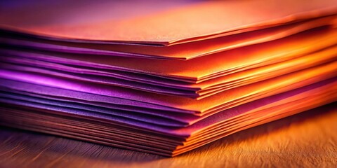 Poster - A Stack of Vibrant Colored Papers with Warm Lighting on a Wooden Surface