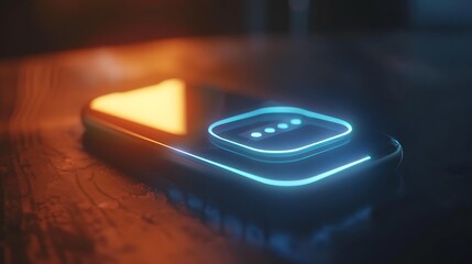 Futuristic glowing device rests on dark wood surface displaying vibrant neon blue and orange lights technology innovation concept