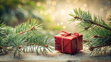 Leinwandbilder - A Festive Red Gift Box Nestled Among Evergreen Branches on a Rustic Wooden Surface, Illuminated by Soft, Warm Light