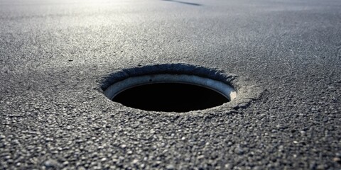 Aufkleber - A dark circular opening embedded within a coarse textured surface, possibly asphalt, reveals a mysterious abyss beneath