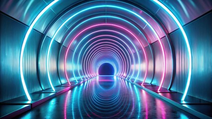Leinwandbilder - Abstract Futuristic Neon Tunnel with Vibrant Blue and Pink Lighting and Reflective Floor