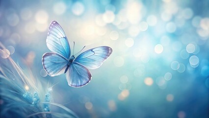 Poster - Serene Blue Butterfly in a Dreamlike Meadow of Soft Light and Gentle Bokeh