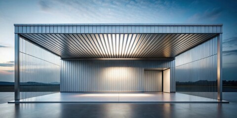 Fototapete - Modern Architectural Design Featuring a Sleek Metal Pavilion with a Covered Platform and Vertical Slats