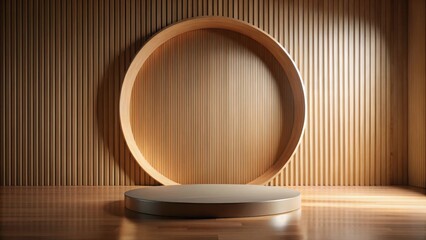 Leinwandbilder - Elegant Minimalist Product Display with Circular Wooden Frame and Platform