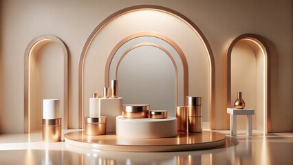 Fototapete - Elegant Golden and Beige Product Display with Archways