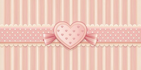 Aufkleber - Romantic Pink and Beige Striped Heart Design with Scalloped Lace and Bow
