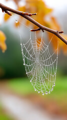 Dew-dropped circular spider web on autumn branch in nature macro photography