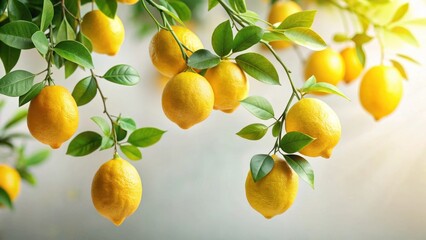 Aufkleber - Ripe Lemons Hanging on a Branch, Illuminated by Sunlight, Showing Vibrant Yellow Citrus Fruits and Lush Green Foliage