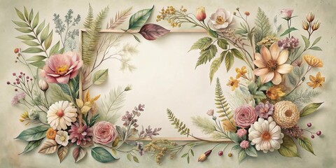 Aufkleber - Elegant Floral Frame with Delicate Blooms and Lush Greenery for a Vintage Design