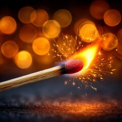 Poster - Ignited Matchstick in the Dark: A Moment of Brilliance with Sparkling Embers Against a Bokeh Background