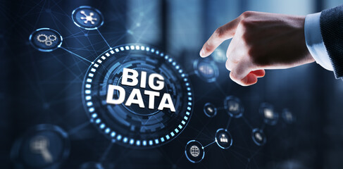 Sticker - businessman clicks big data world and globe icon modern interface