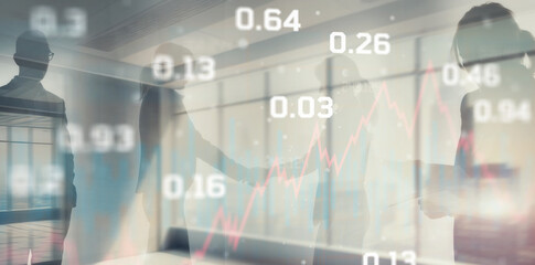 Wall Mural - Double exposure of abstract financial graph on office buildings background traders concept