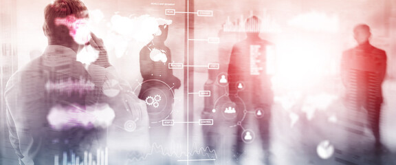 Wall Mural - business dashboard with key performance indicators on a virtual screen city interface