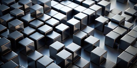 Fototapete - Abstract metallic cube arrangement, a textured surface design of many dark gray cubes in a scattered pattern on a flat surface