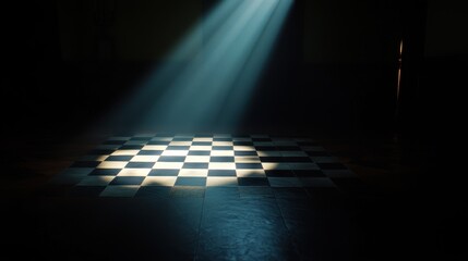 Aufkleber - Dramatic Spotlight on Aged Checkerboard Floor in Dark Room