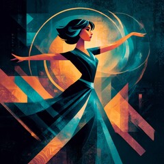 Aufkleber - Art Deco Dancer: A vibrant and stylized portrayal of a woman in a poised dance pose, adorned with geometric shapes.