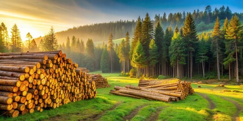 Aufkleber - Golden Hour Lumber Stacks in a Verdant Coniferous Forest