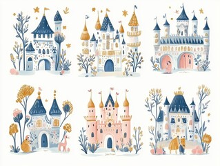 Fototapete - Whimsical Watercolor Castle Illustrations: Pastel Pink, Blue, and Gold Castles in a Dreamy Forest Setting