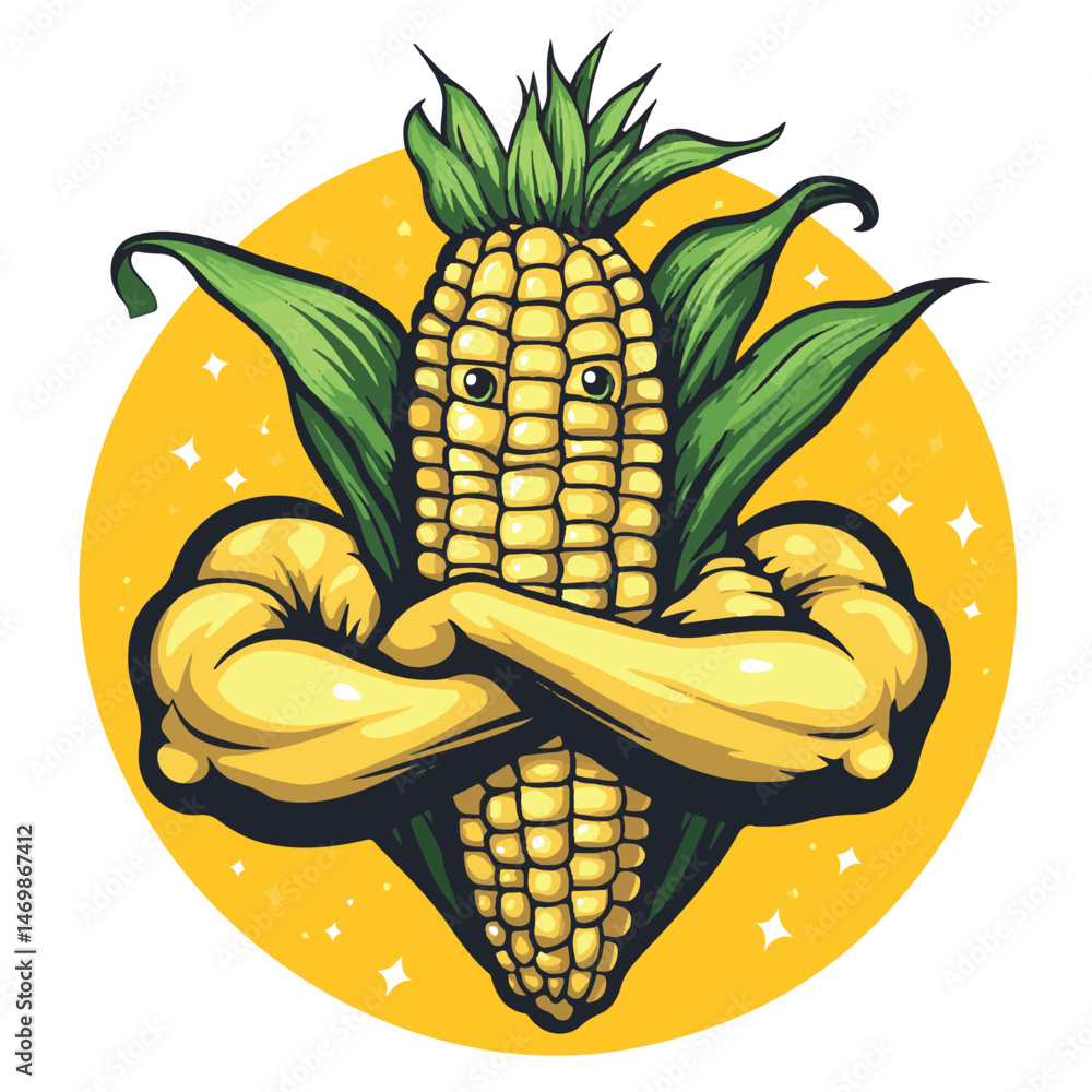 Cartoon Corn Character With Muscular Arms And Crossed Arms Standing ...