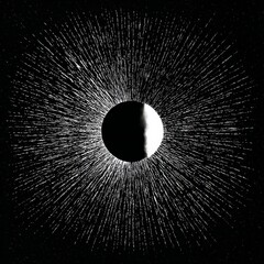 Poster - Ethereal Eclipse: Black and White Solar Corona Effect with Central Sphere Radiating Light on Dark Abstract Background