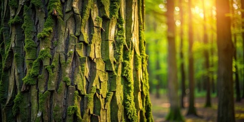 Aufkleber - Sunlit Forest Bark Texture Close-up Detail of Mossy Tree Trunk in Woodland Setting