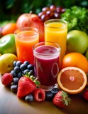 Fresh fruit juices in glasses, surrounded by colorful fruits, showcasing a vibrant, healthy lifestyle