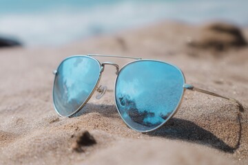 sunglasses resting on golden beach sand reflecting a clear blue sky, ideal for summer and travel the