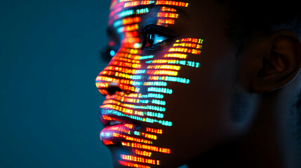 A person's face is overlaid with colorful digital code against a dark background.