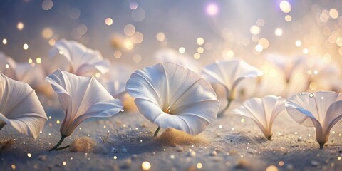 Poster - Serene Delicate White Flowers on Glimmering Sand, Illuminated by Soft Golden Light, Creating an Ethereal and Peaceful Atmosphere