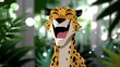 © rashyn - Animated laughing cheetah, lush green jungle background with bright bokeh lights