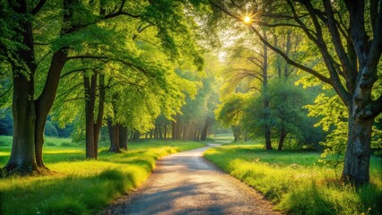 Poster - Sunlit Pathway Through Verdant Canopy, Illuminating a Serene Nature Scene with Golden Rays of Dawn