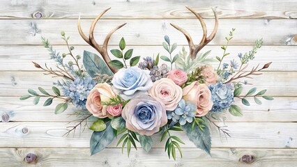 Poster - Rustic Elegance A Watercolor Floral Arrangement Featuring Pastel Roses and Antlers on a Weathered Wood Background