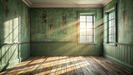 Fototapete - Sunlit Room with Aged Green Walls and Wood Floor, Perfect for Interior Design Inspiration