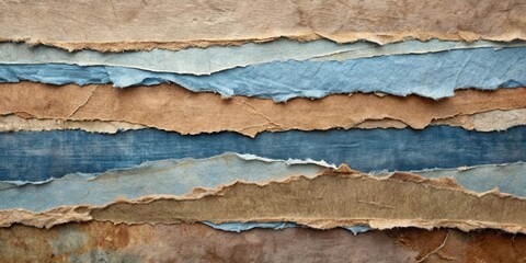 Poster - Layered Textured Fabric and Paper Collage Featuring Earthy Tones and Indigo Hues