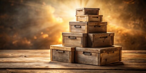 Aufkleber - A Stack of Rustic Wooden Storage Boxes on a Weathered Wooden Surface Against a Warmly Lit Background